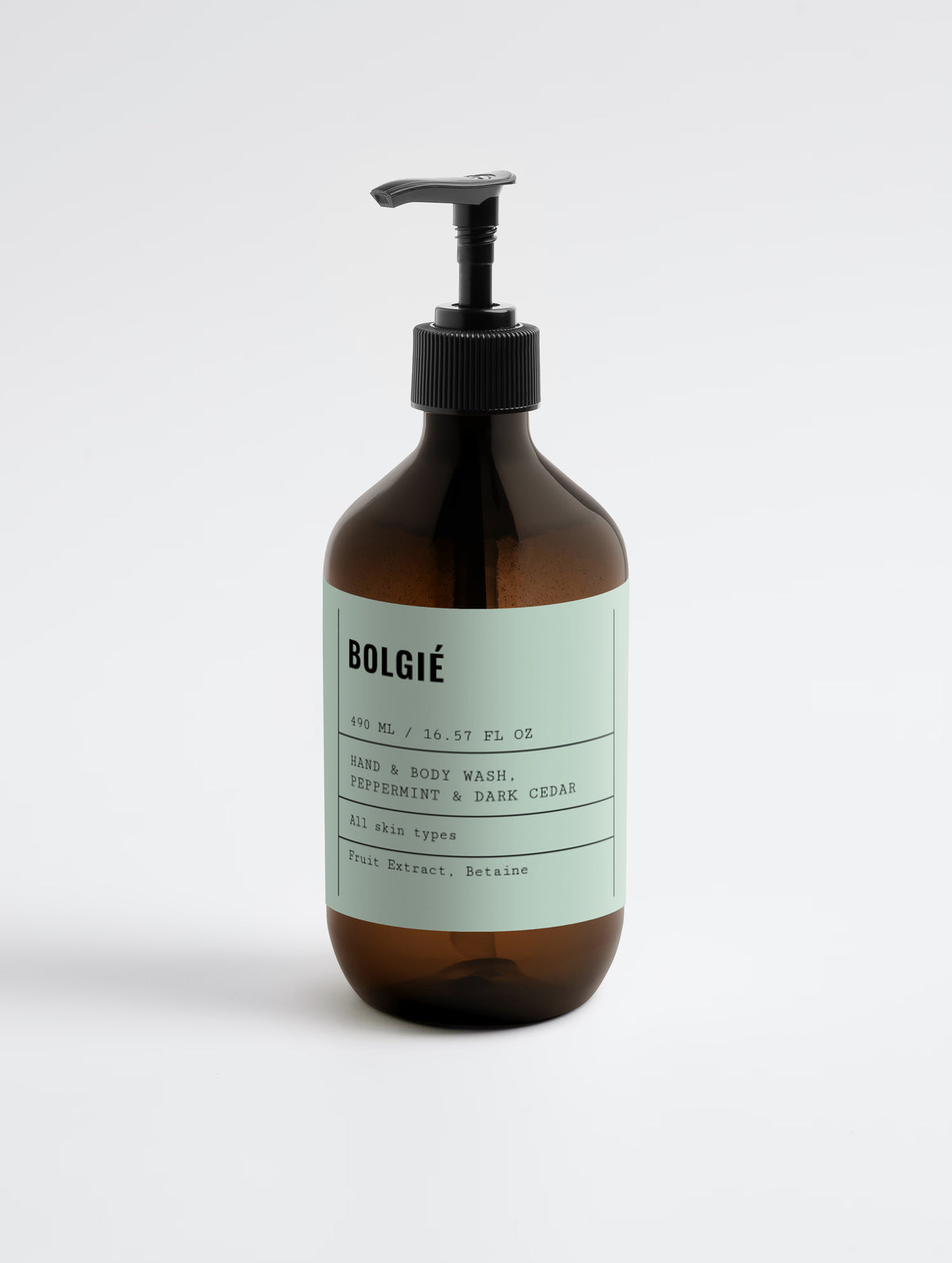 A brown amber glass pump bottle of Bolgié Hand & Body Wash with a pale green label, set against a clean white background.