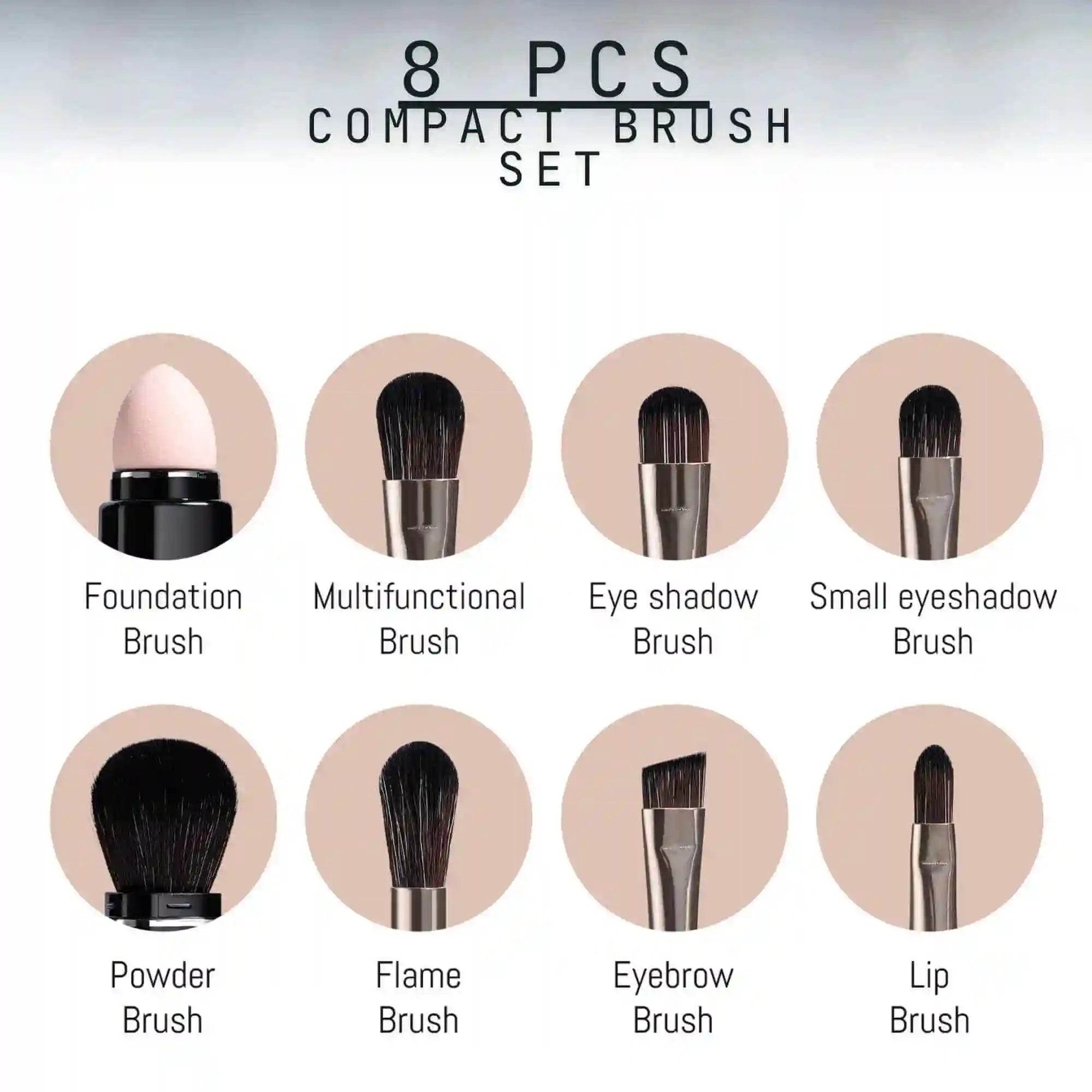 8 Pieces Compact Travel Makeup Brush Set - Bolgié