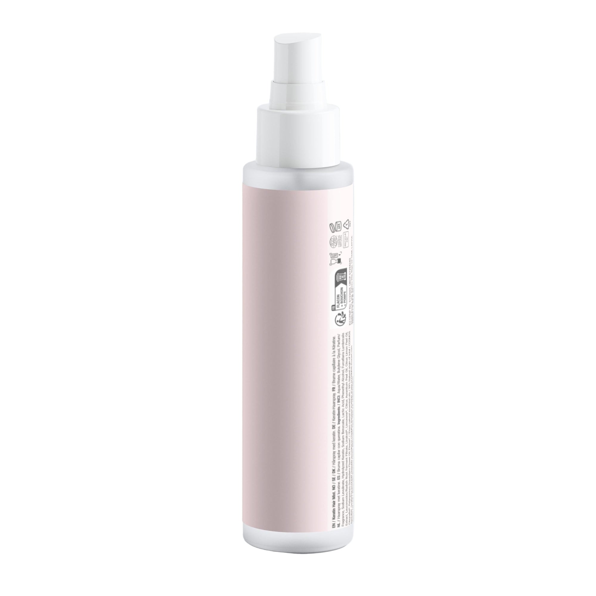 Pink spray bottle with white cap on a light gray background