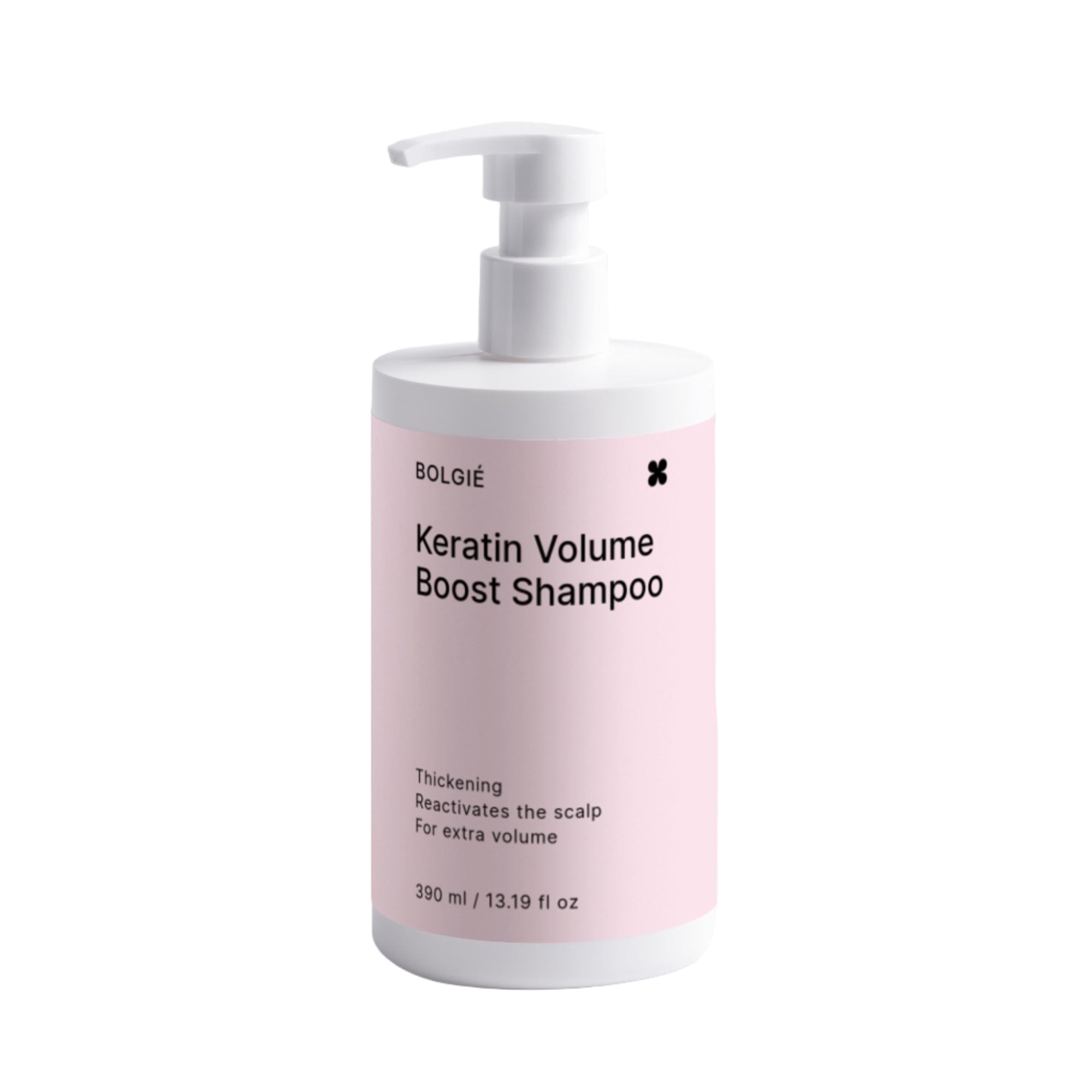 Bottle of Keratin Volume Boost Shampoo with a pink label on a white background