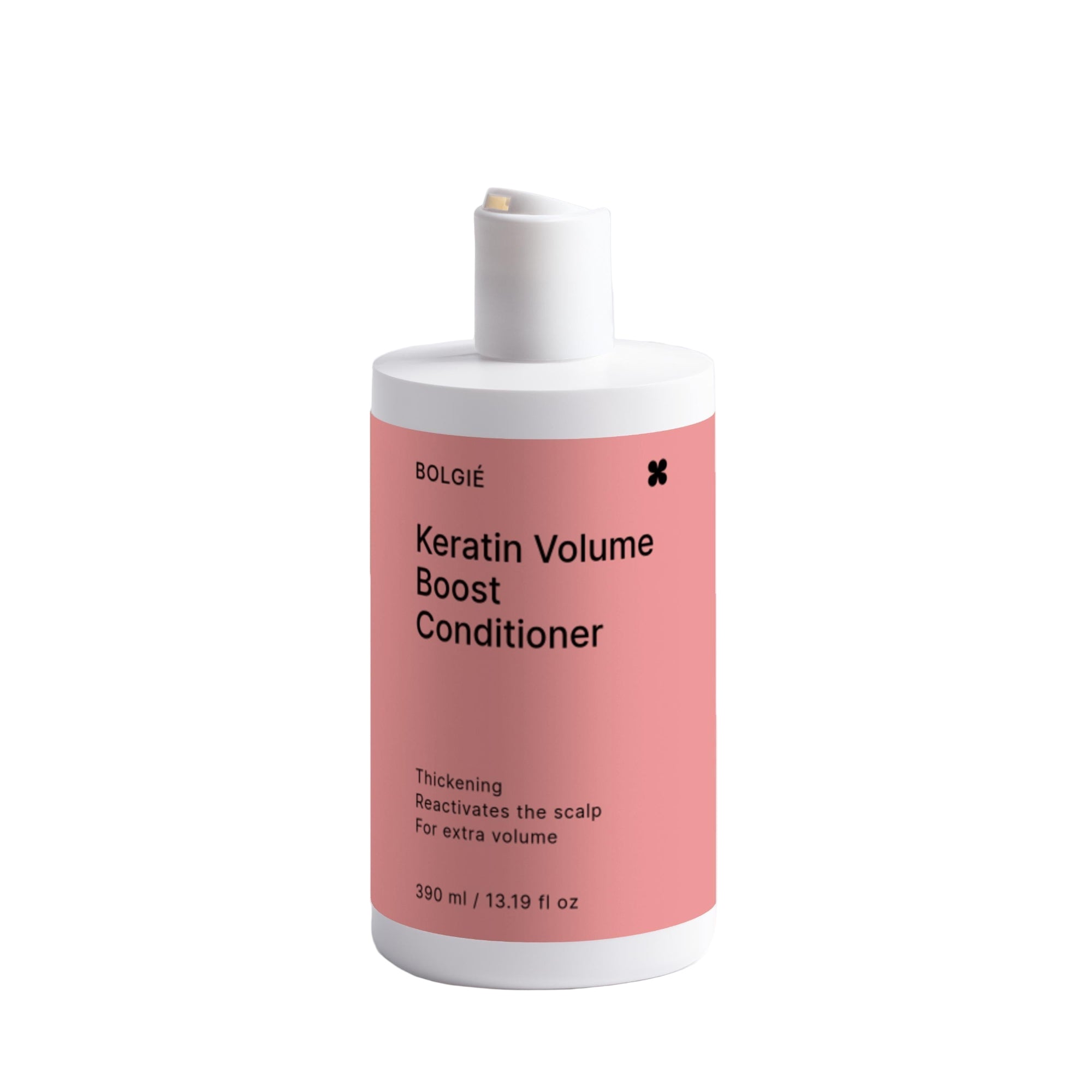Bottle of Keratin Volume Boost Conditioner with pink label on a light gray background