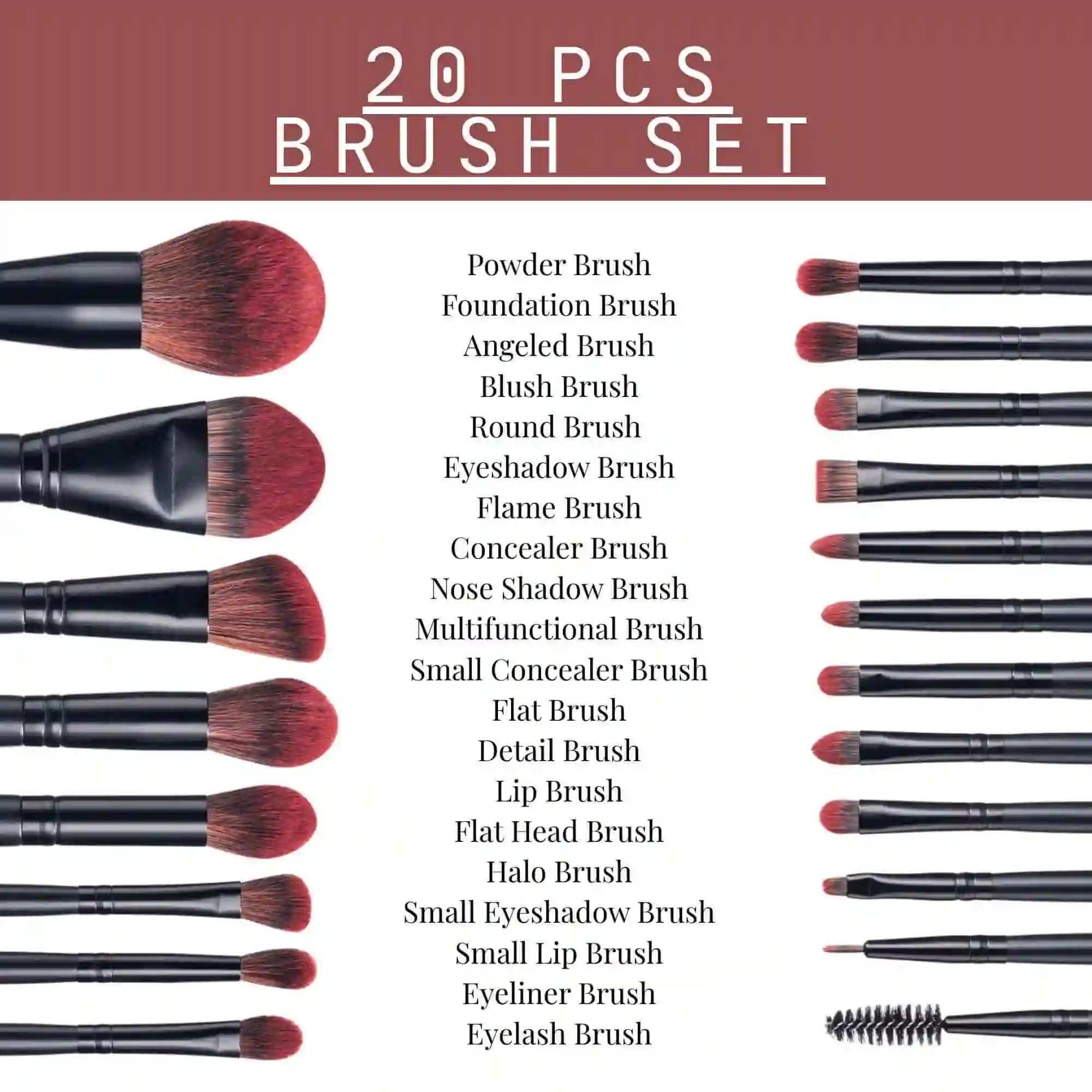 The 20 Pieces Makeup Brush Set with a list of all the head functions